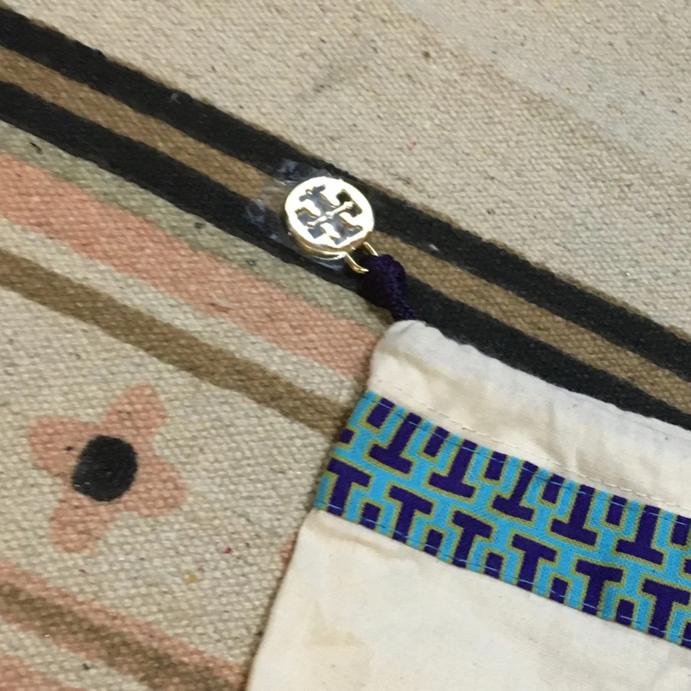 Tory Burch Large Blue trim gold logo drawstring charm